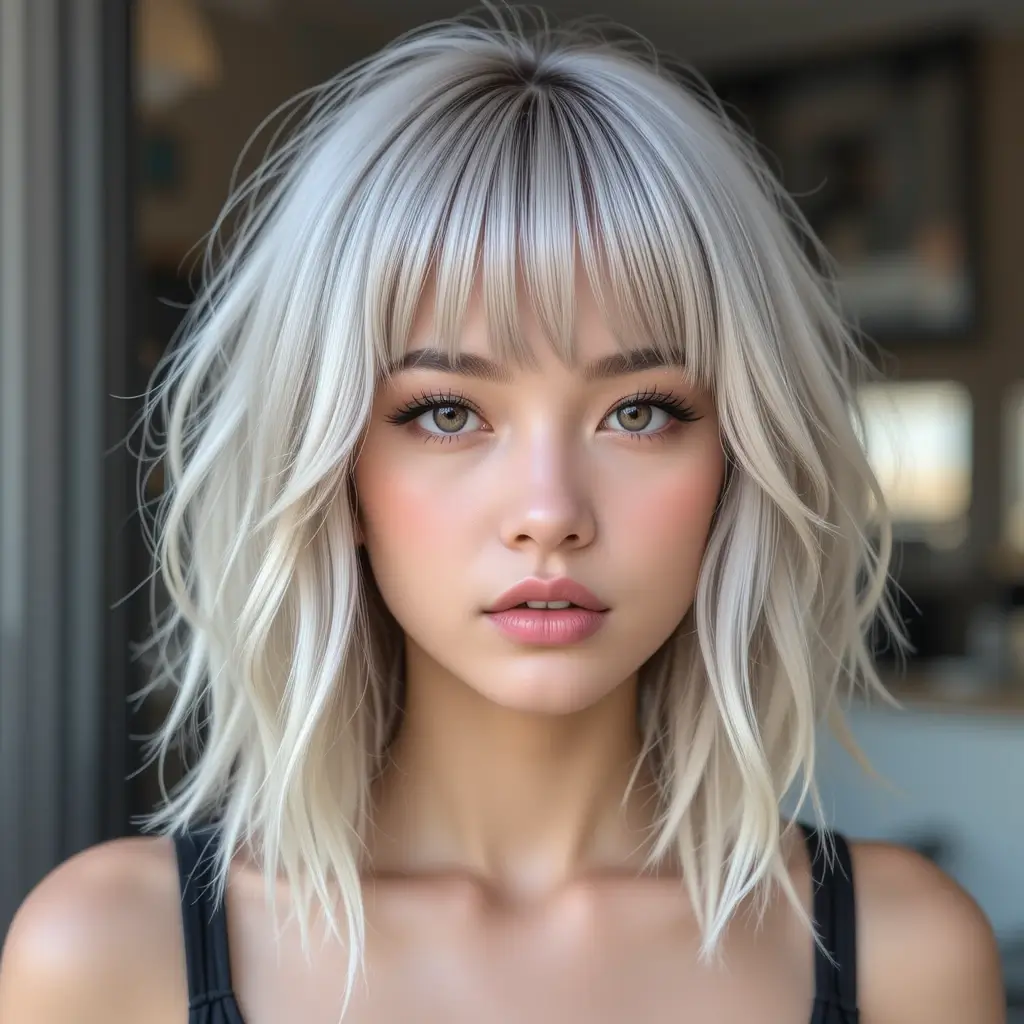 Ash Blonde Wolf Cut With Straight Bangs