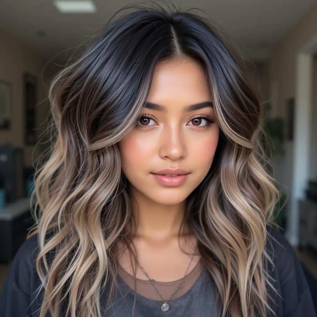 Ashy Brown Highlights on Wavy Black Hair