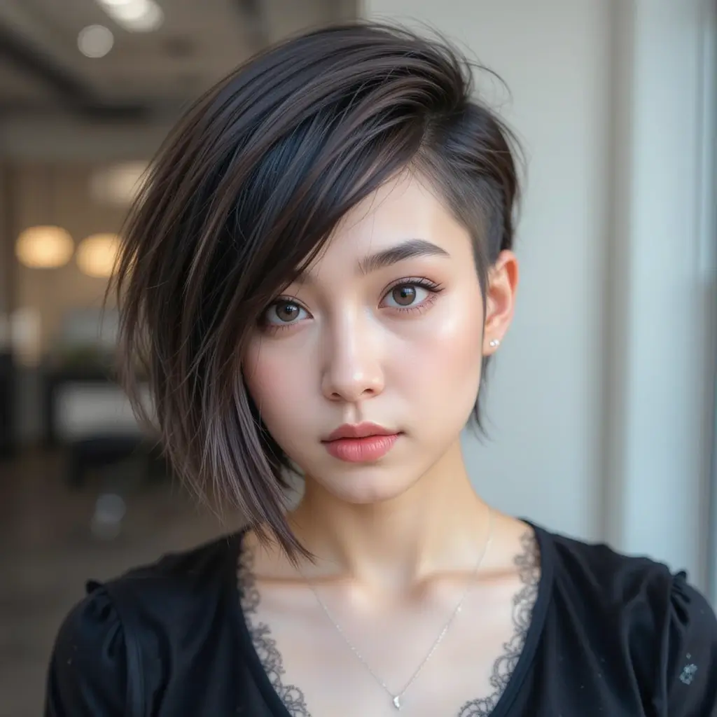 Asymmetrical Short Wolf Cut With Swept Curtain Bangs