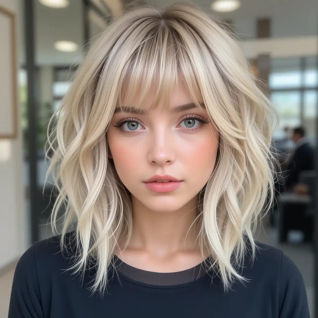 Beige Blonde Wolf Cut With Middle-Parted Bangs