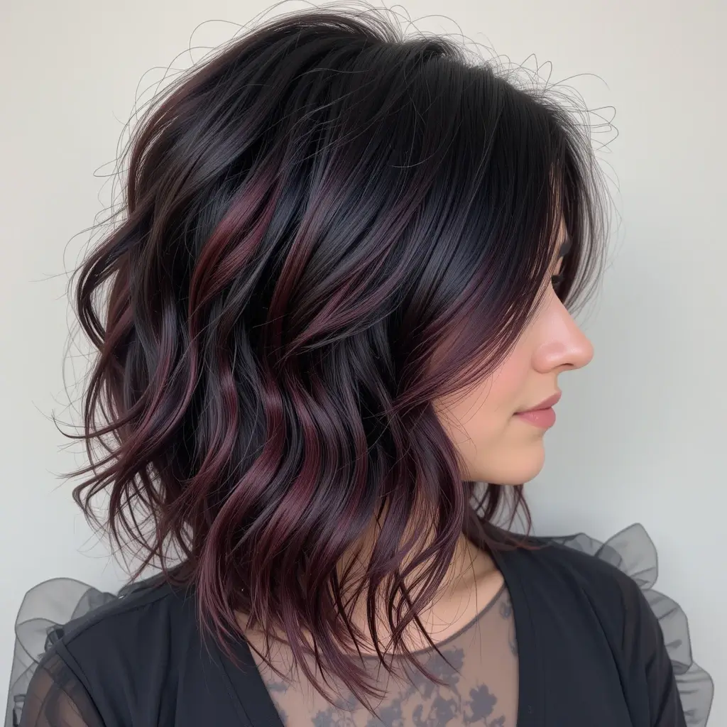 Black Hair with Burgundy Peekaboo Streaks
