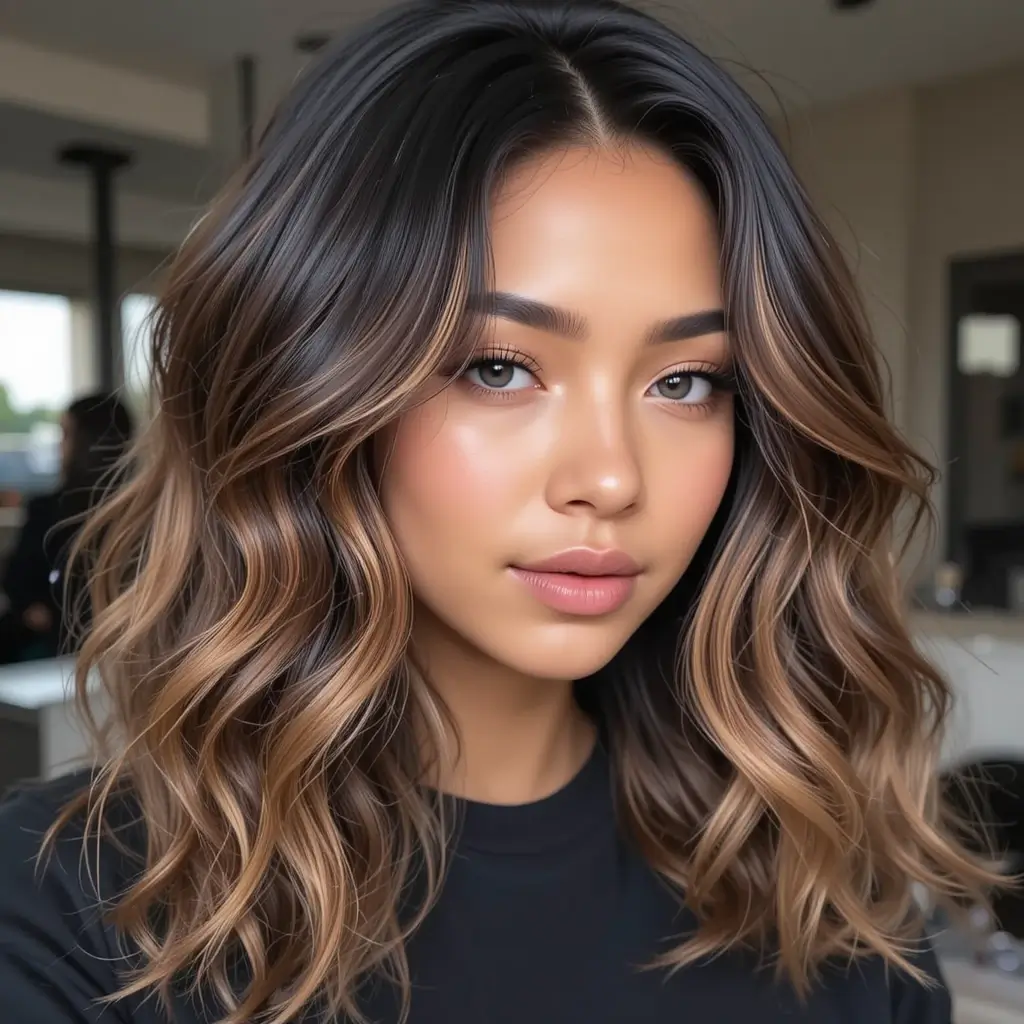 Black Hair with Caramel Brown Highlights