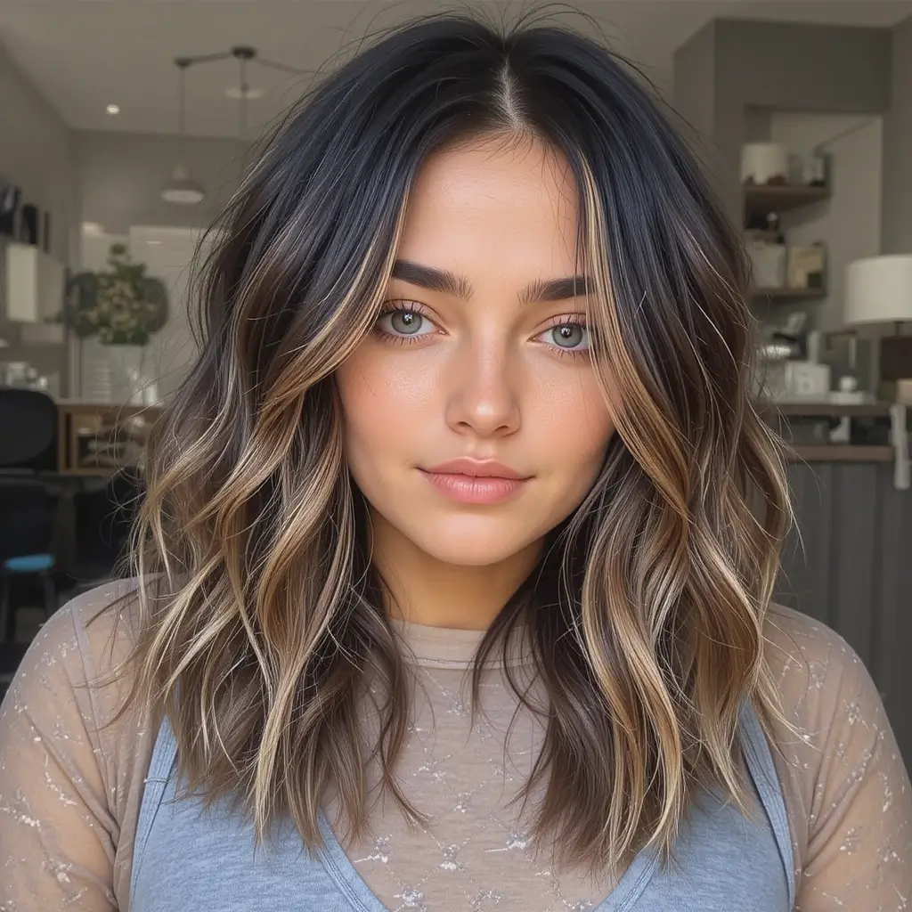 Black Hair with Honey Brown Balayage