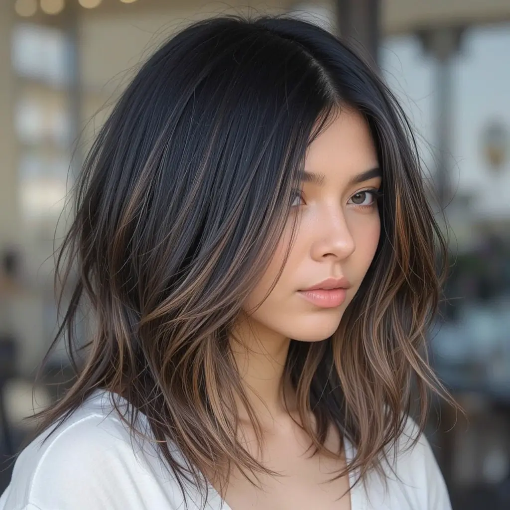 Black Hair with Light Brown Highlights at the Ends