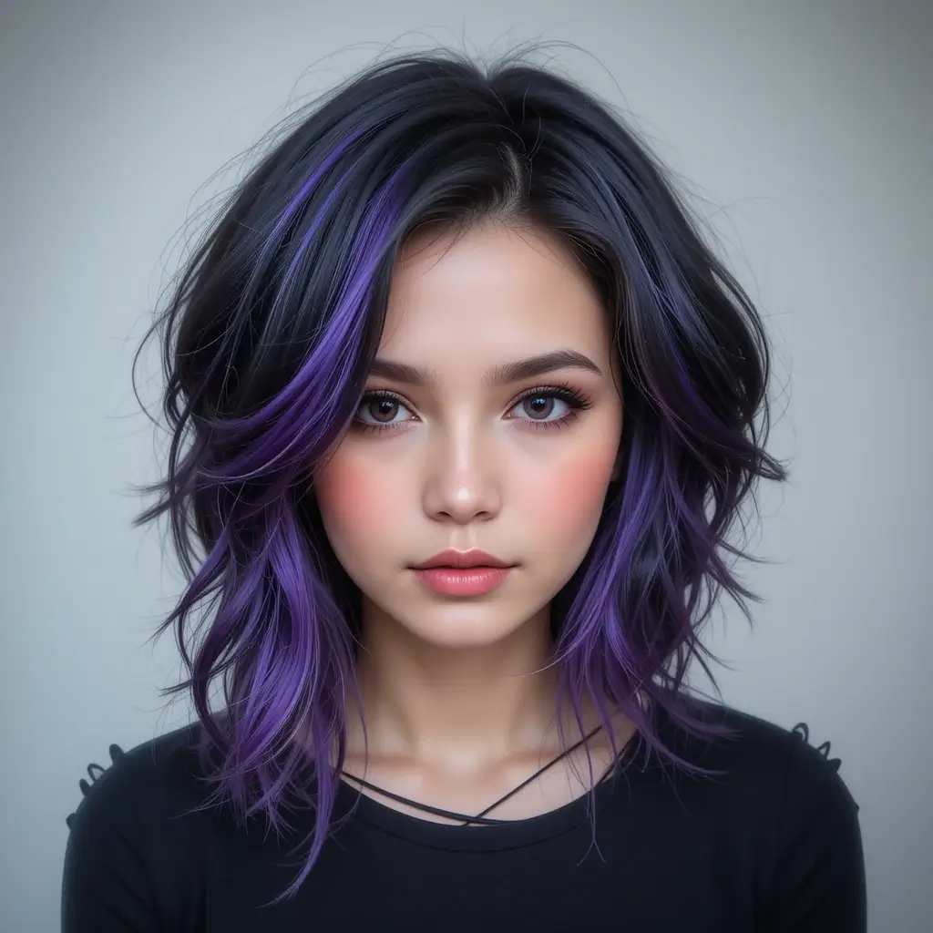 Black Hair with Purple Peekaboo Streaks