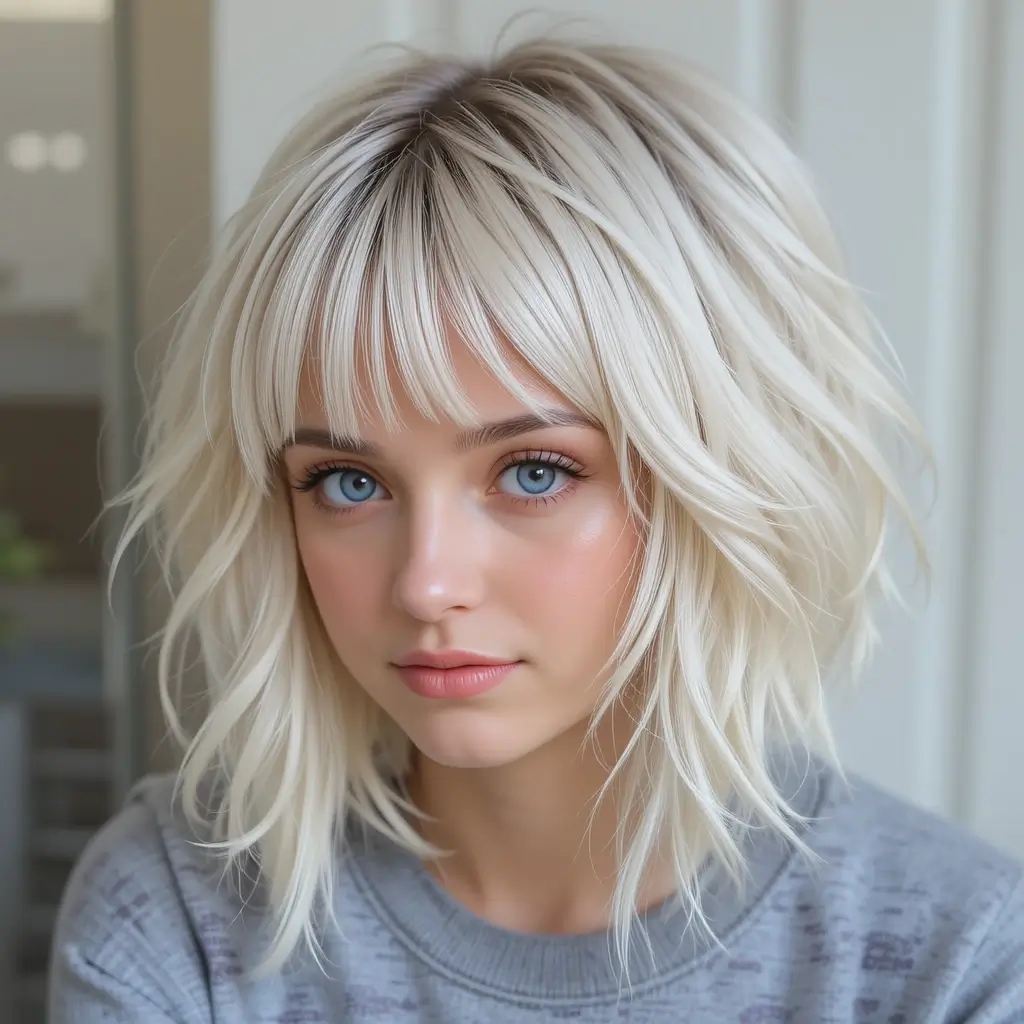 Bleach Blonde Wolf Cut With Baby Bangs