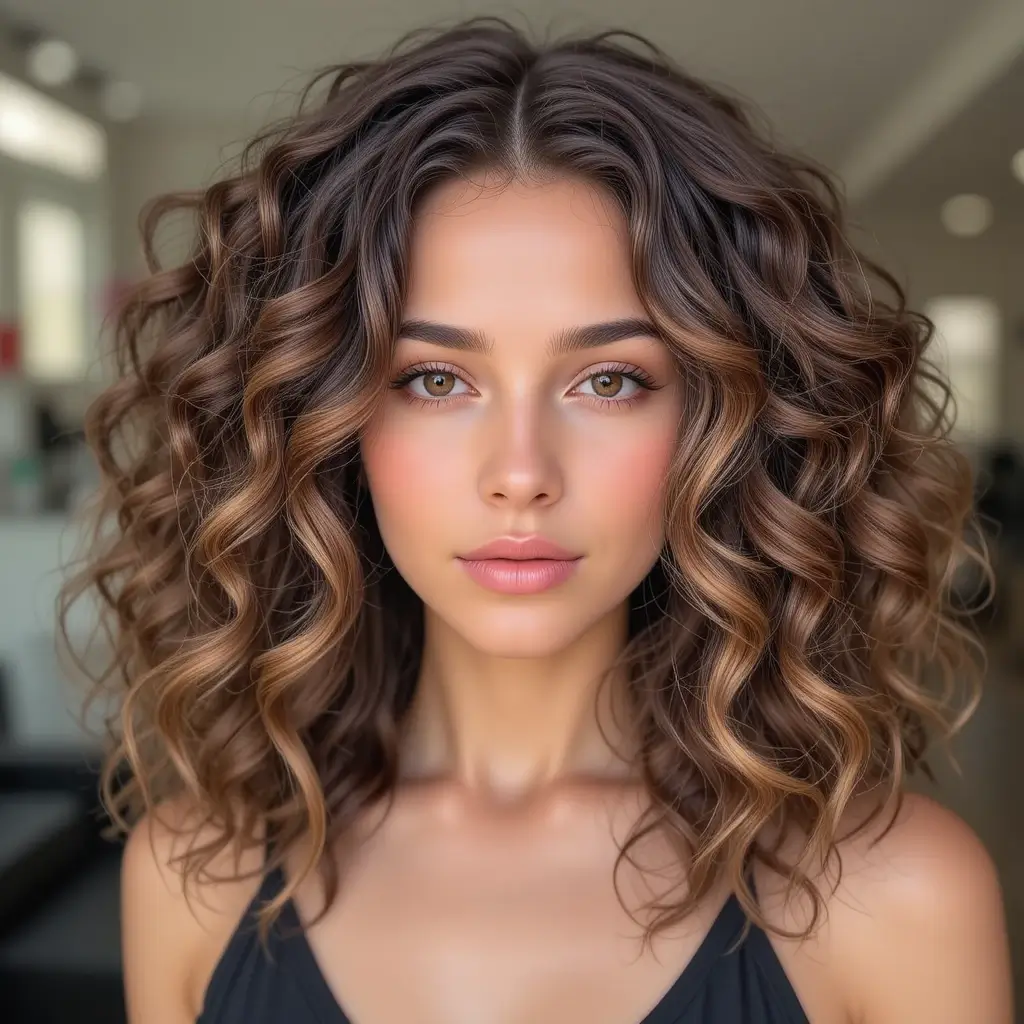 Brunette Curls with Caramel Balayage