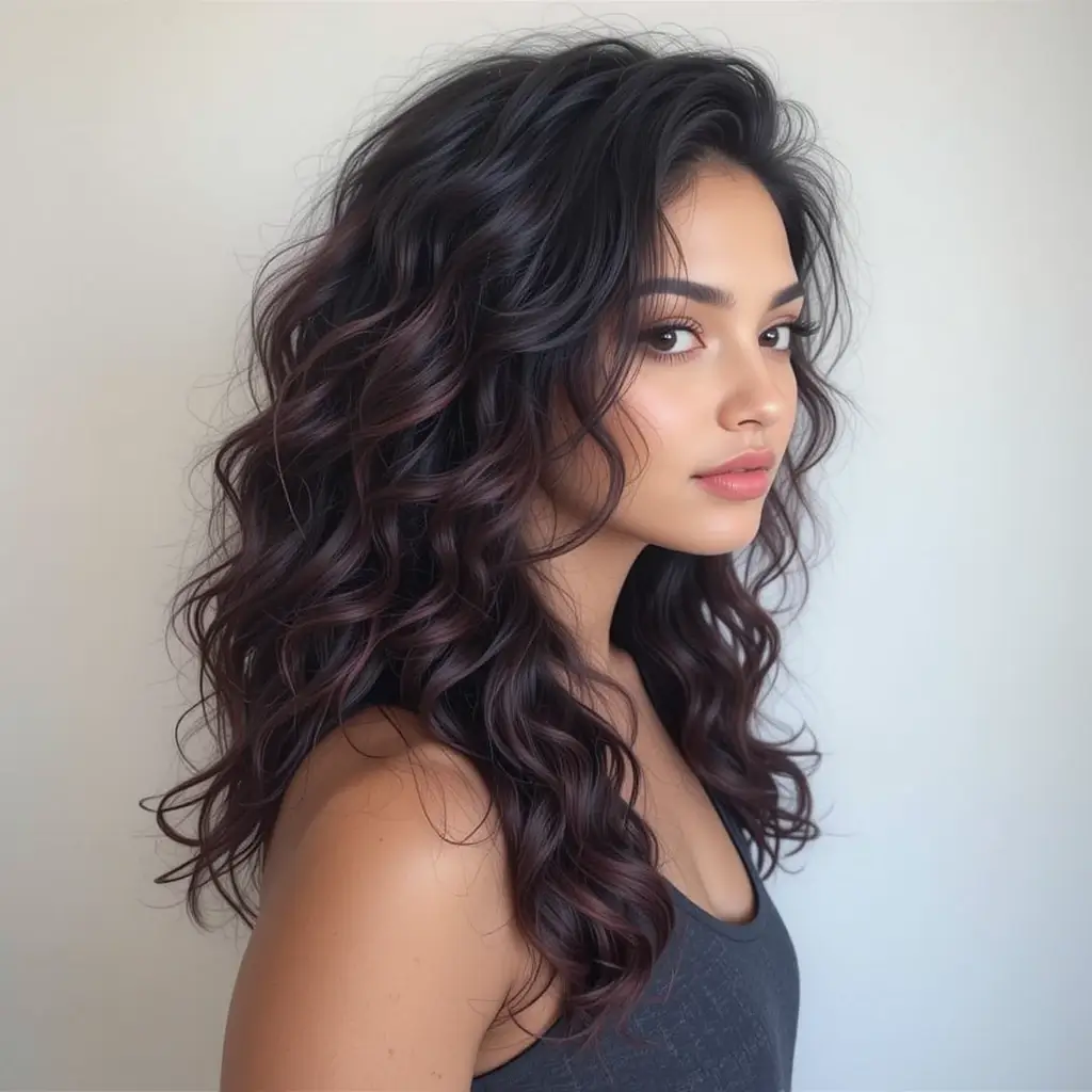 Burgundy Lowlights in Black Curls