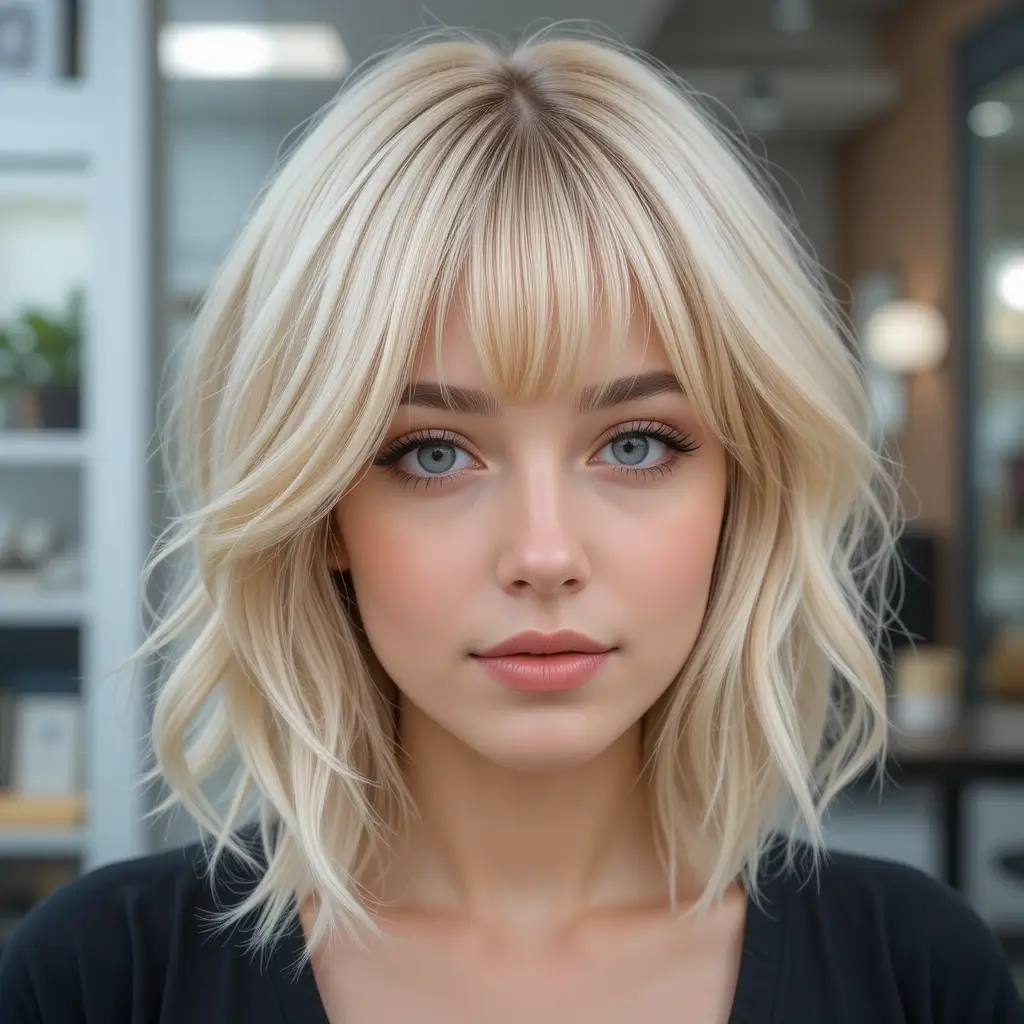 Buttery Blonde Wolf Cut With Side-Swept Bangs