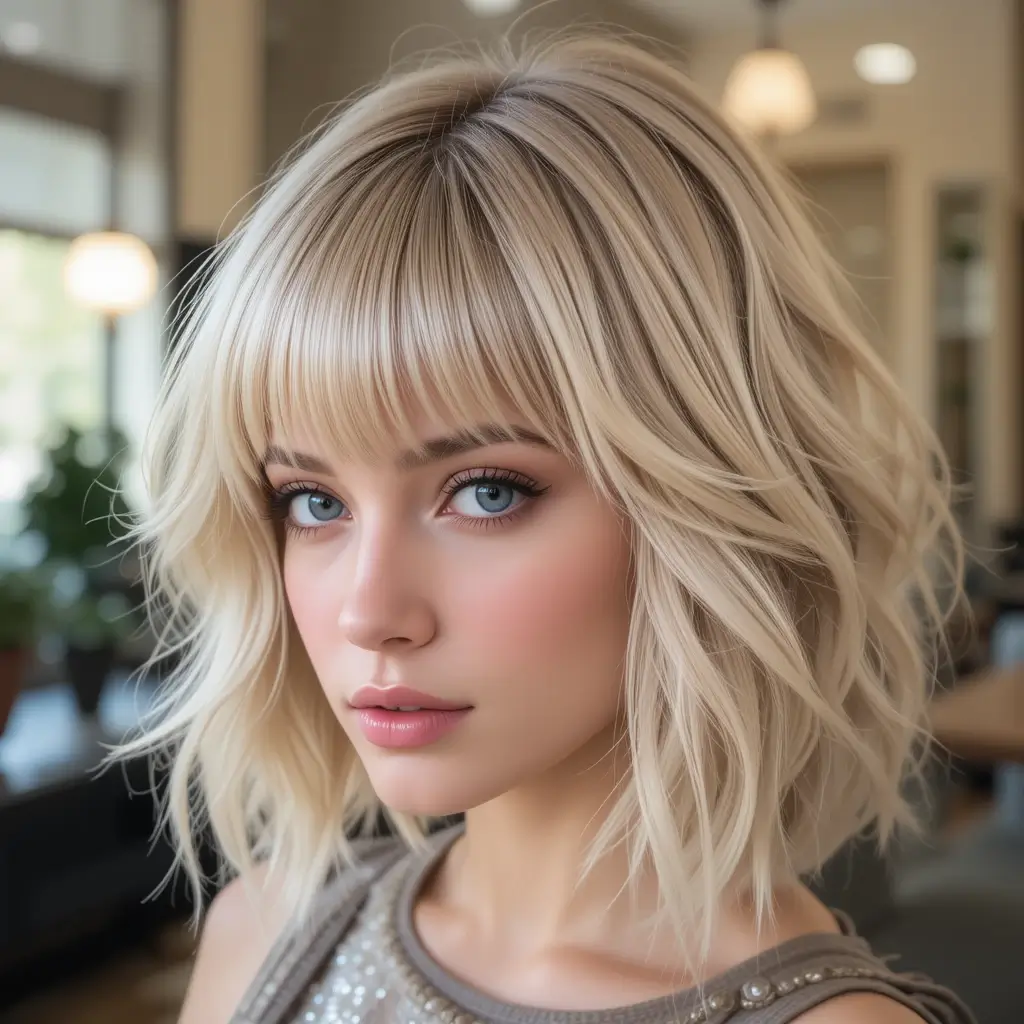 Champagne Blonde Wolf Cut With Fluffy Bangs