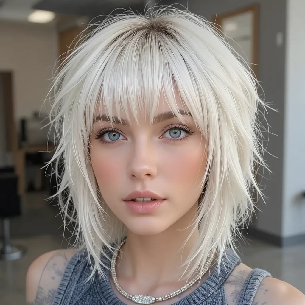 Chin-Length Shaggy Wolf Cut with Baby Bangs