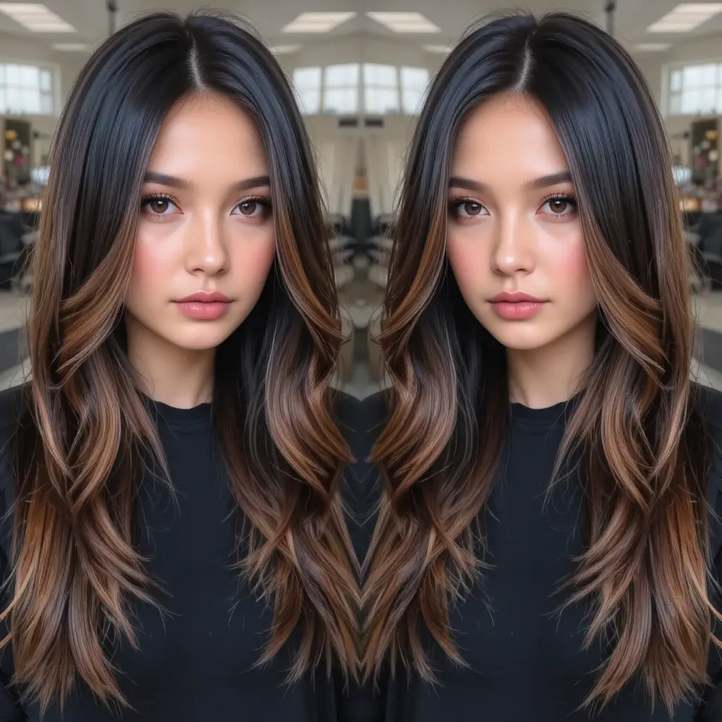 Chunky Brown Highlights on Black Straight Hair