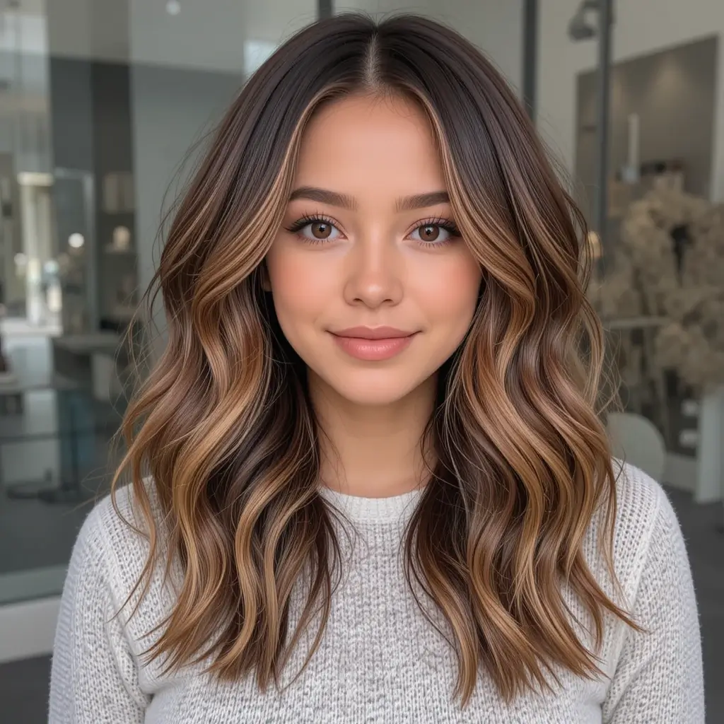 Cinnamon Caramel Strands on Chocolate Hair