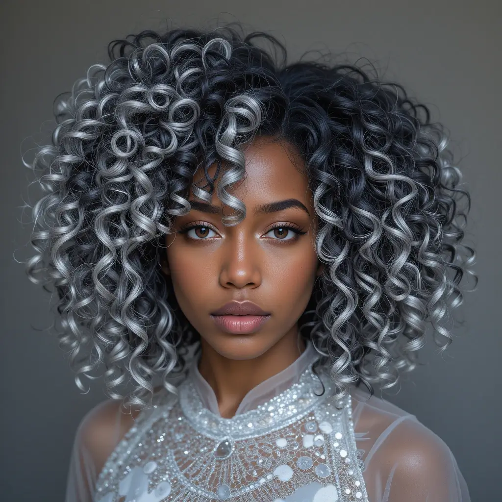 Curly Afro with Silver Highlights