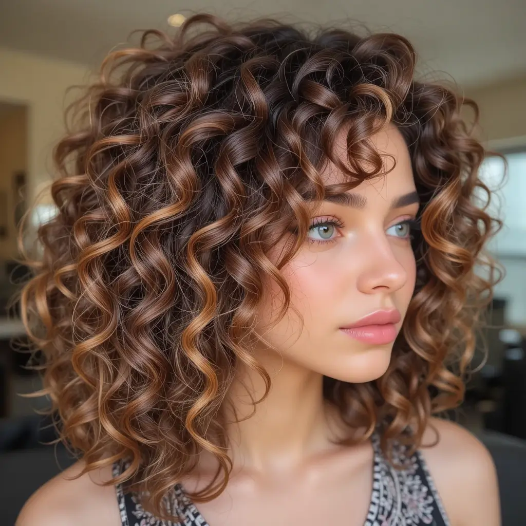 Curly Hair with Caramel Highlights Throughout