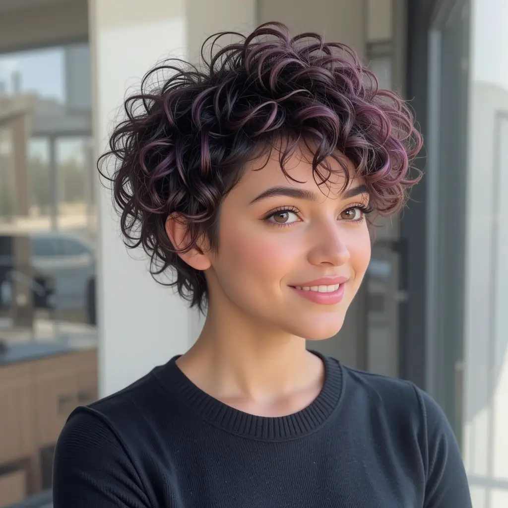 Curly Pixie with Bold Color Highlights