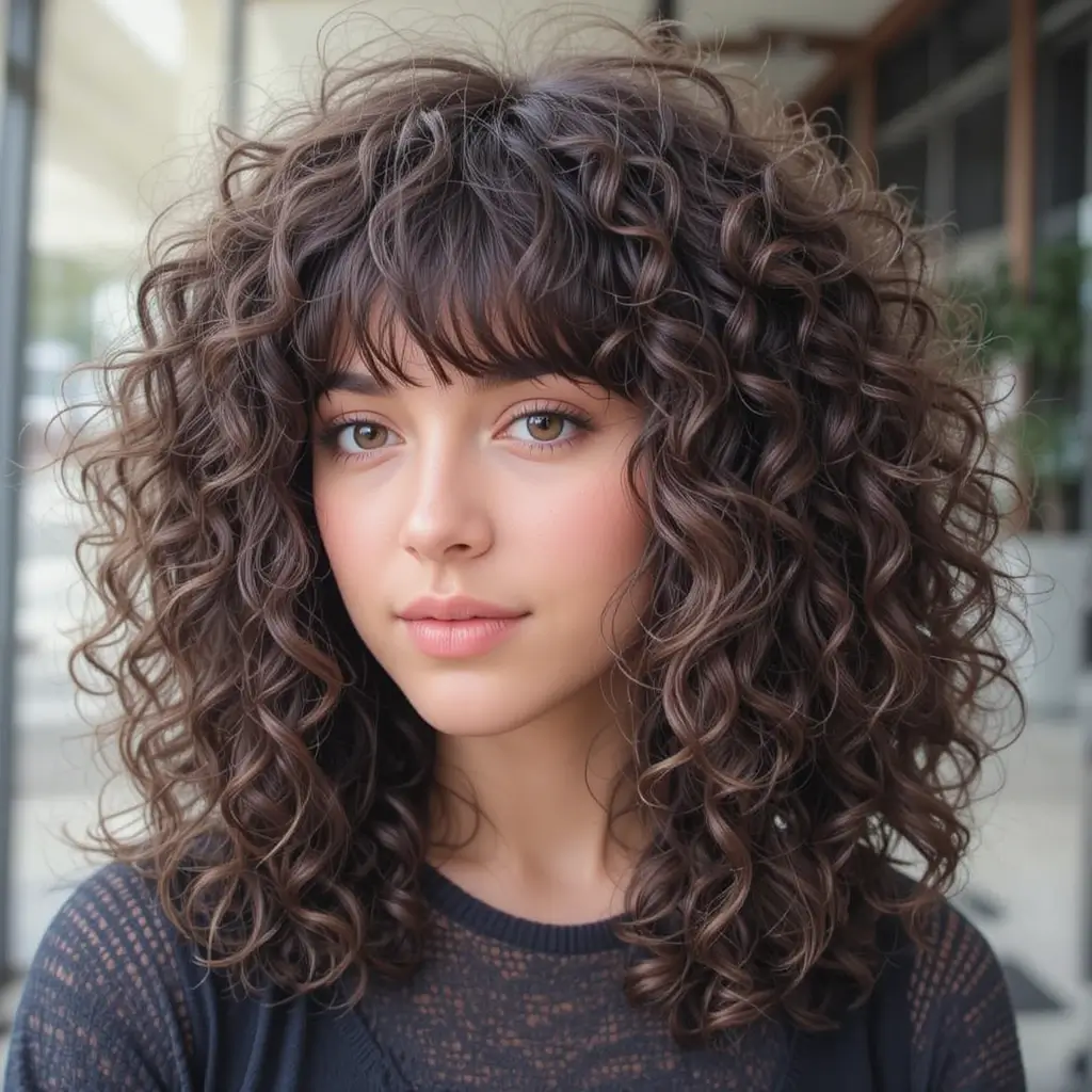 Curly Wolf Cut with Curtain Bangs