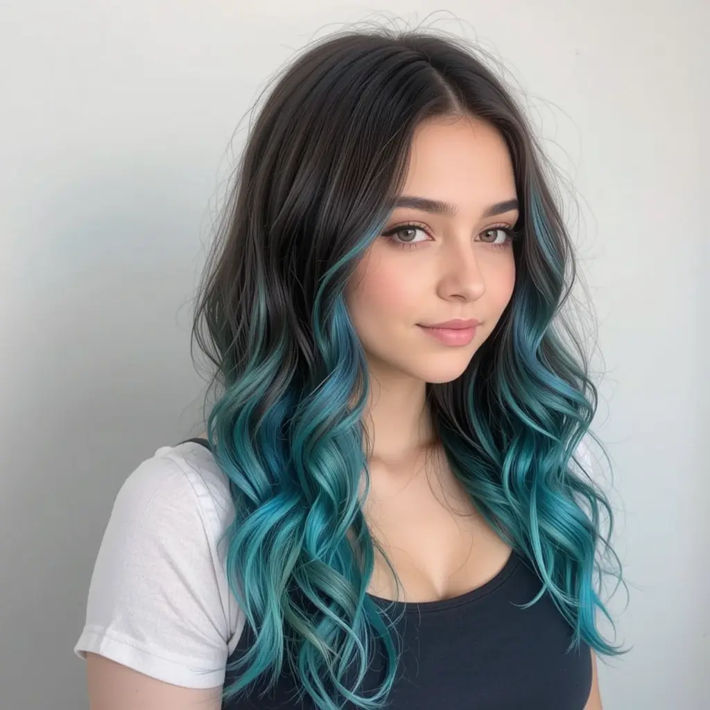 Dark Brown Hair with Aqua Peekaboo Highlights