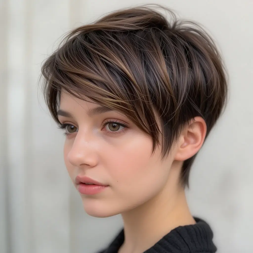 Dark Brown Pixie Cut with Caramel Accents