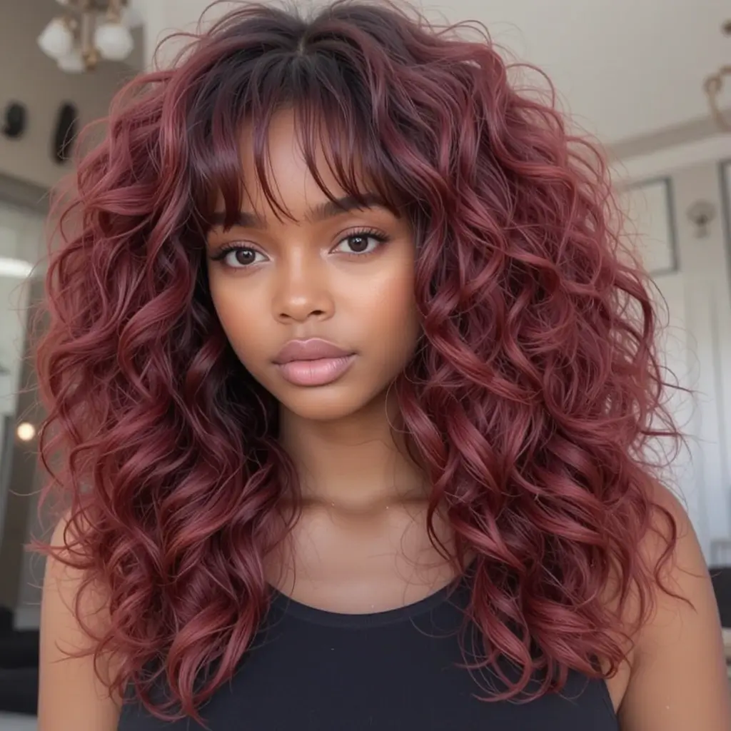 Dark Red Balayage with Curly Bangs