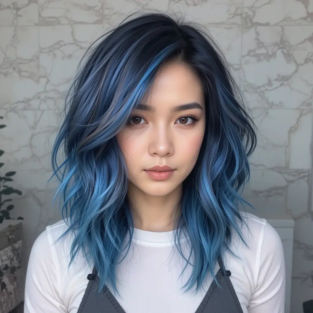 Deep Blue Black Hair with Peach Peekaboo