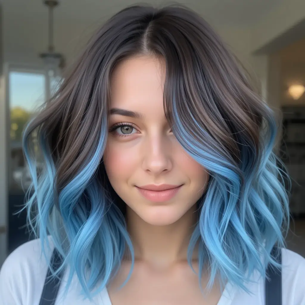 Deep Brown Hair with Sky Blue Peekaboo