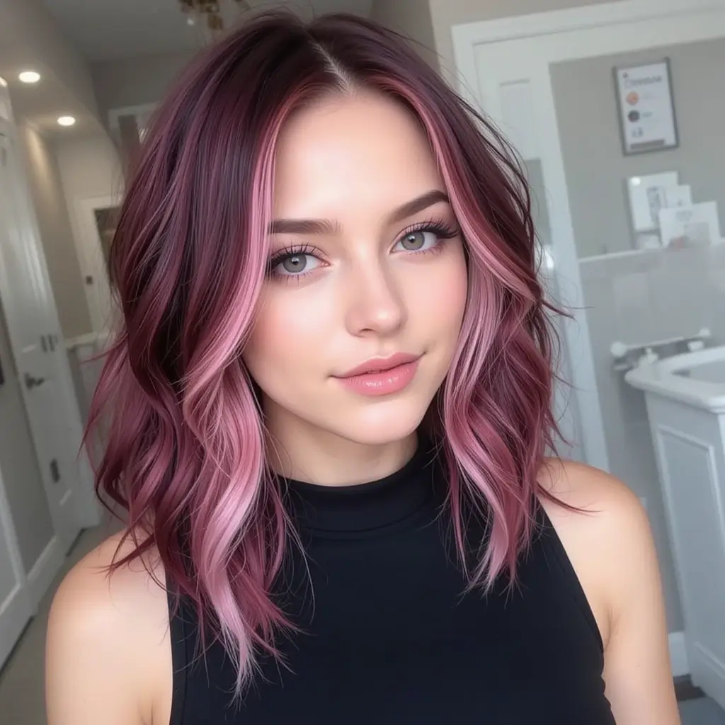 Deep Burgundy Hair with Pink Peekaboo Highlights