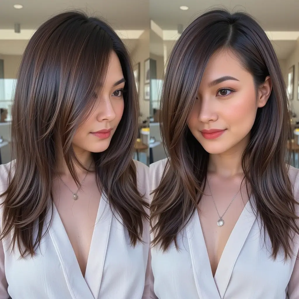 Deep Side Part with Glossy Brunette Color