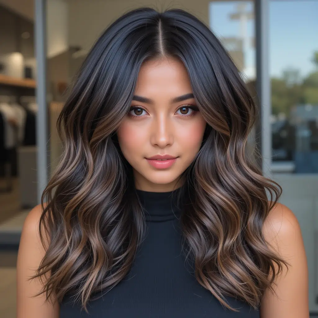 Dimensional Brown Highlights on Thick Black Hair