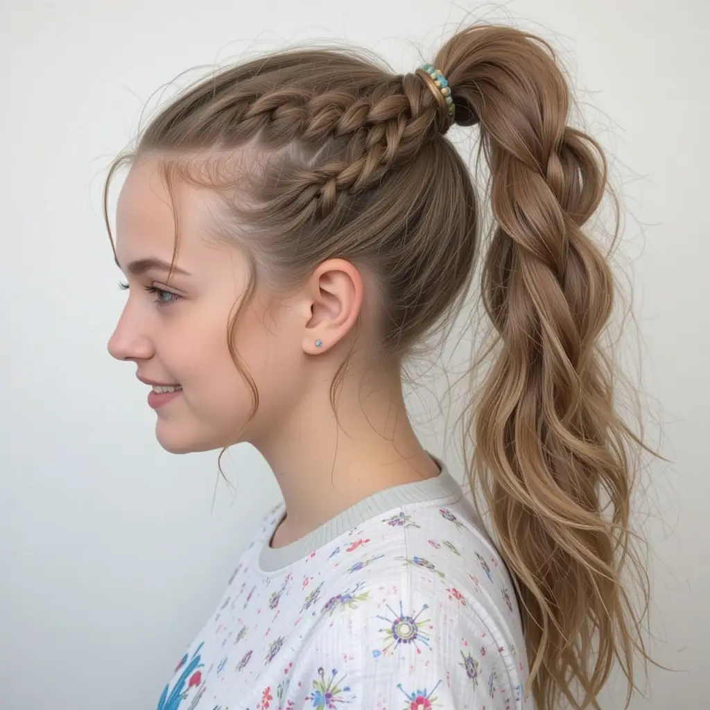Dutch Braids into Bubble Ponytail