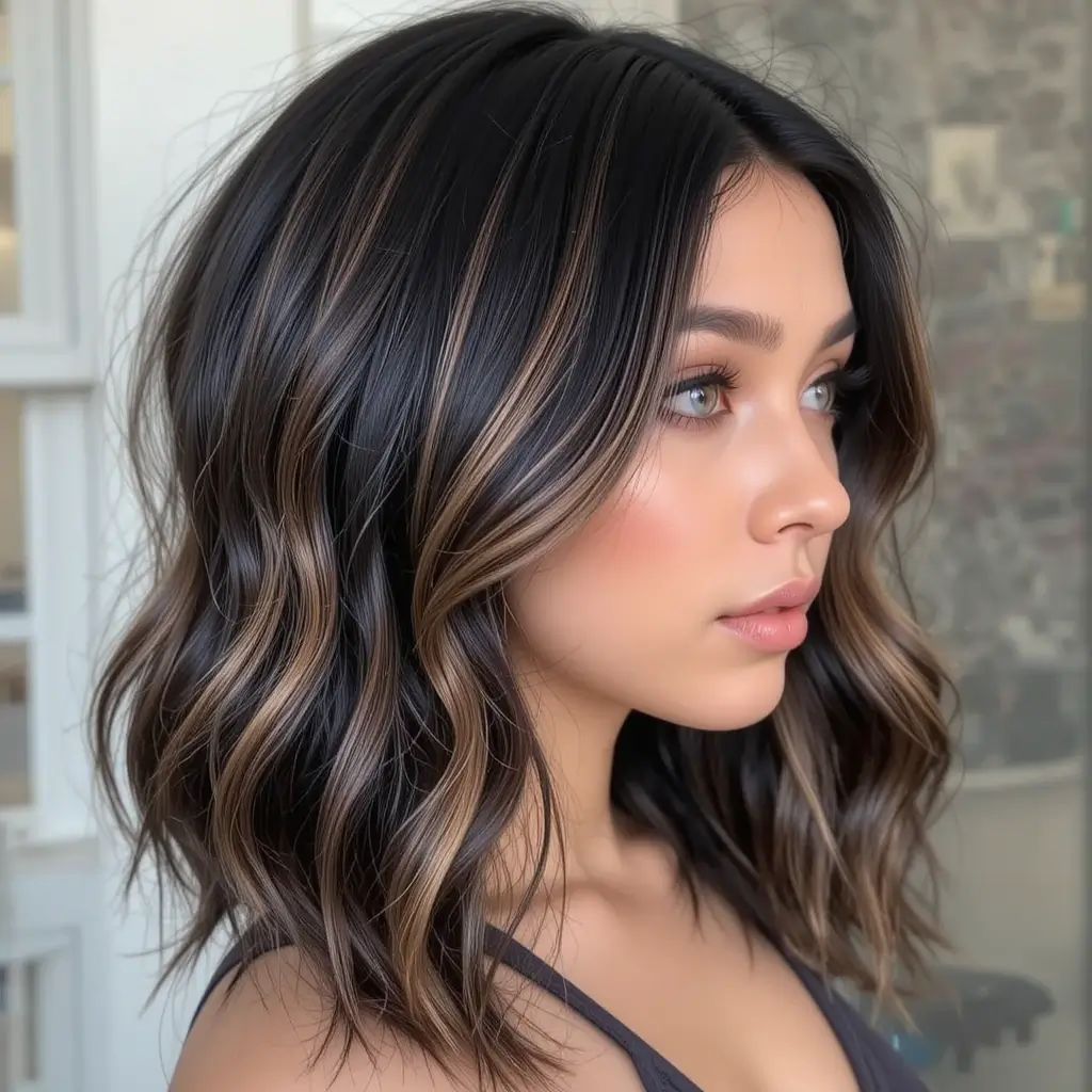 Glossy Black Hair with Milk Chocolate Highlights