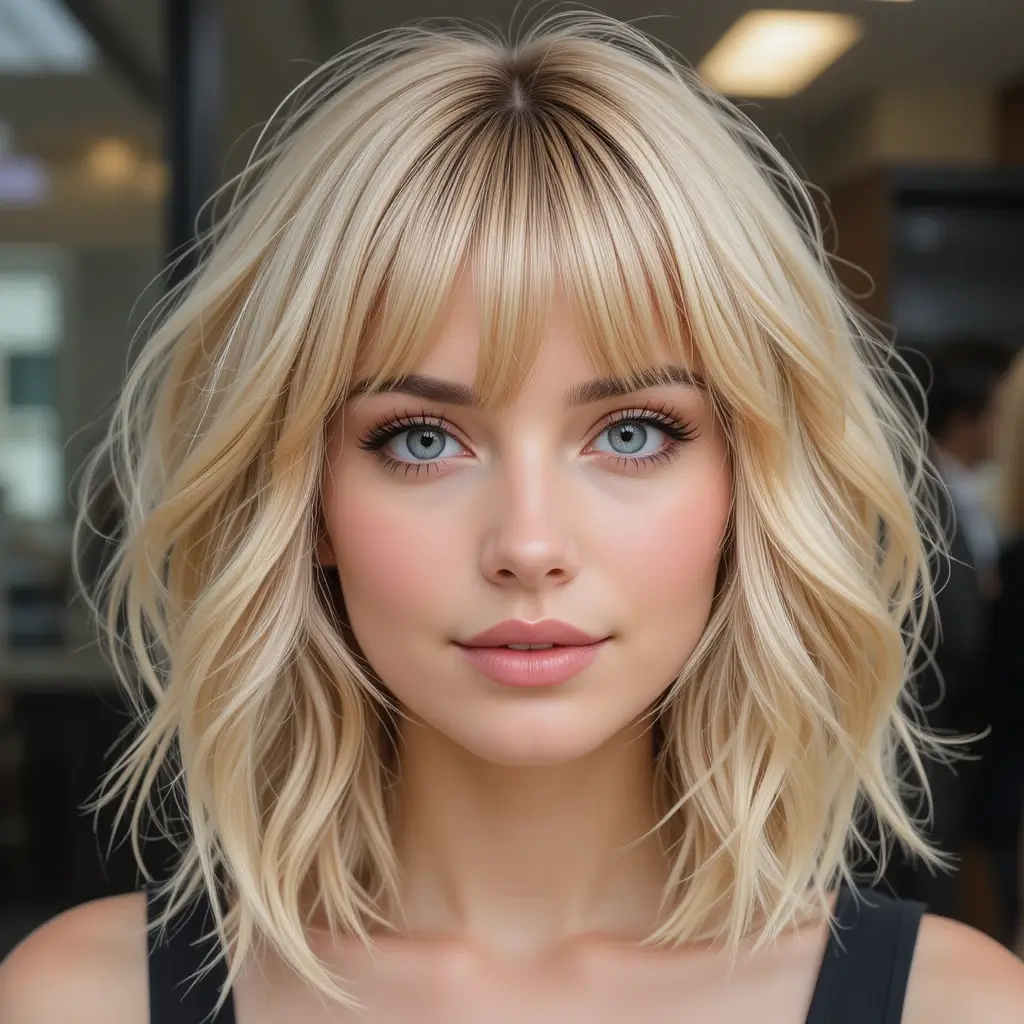 Golden Blonde Wolf Cut With Curtain Bangs