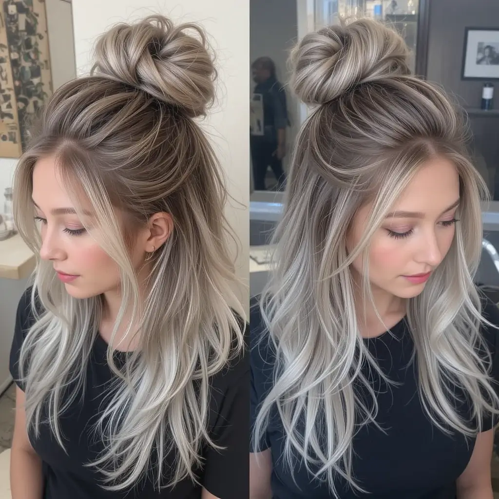 Half-Up Bun with Silver Ombre Ends