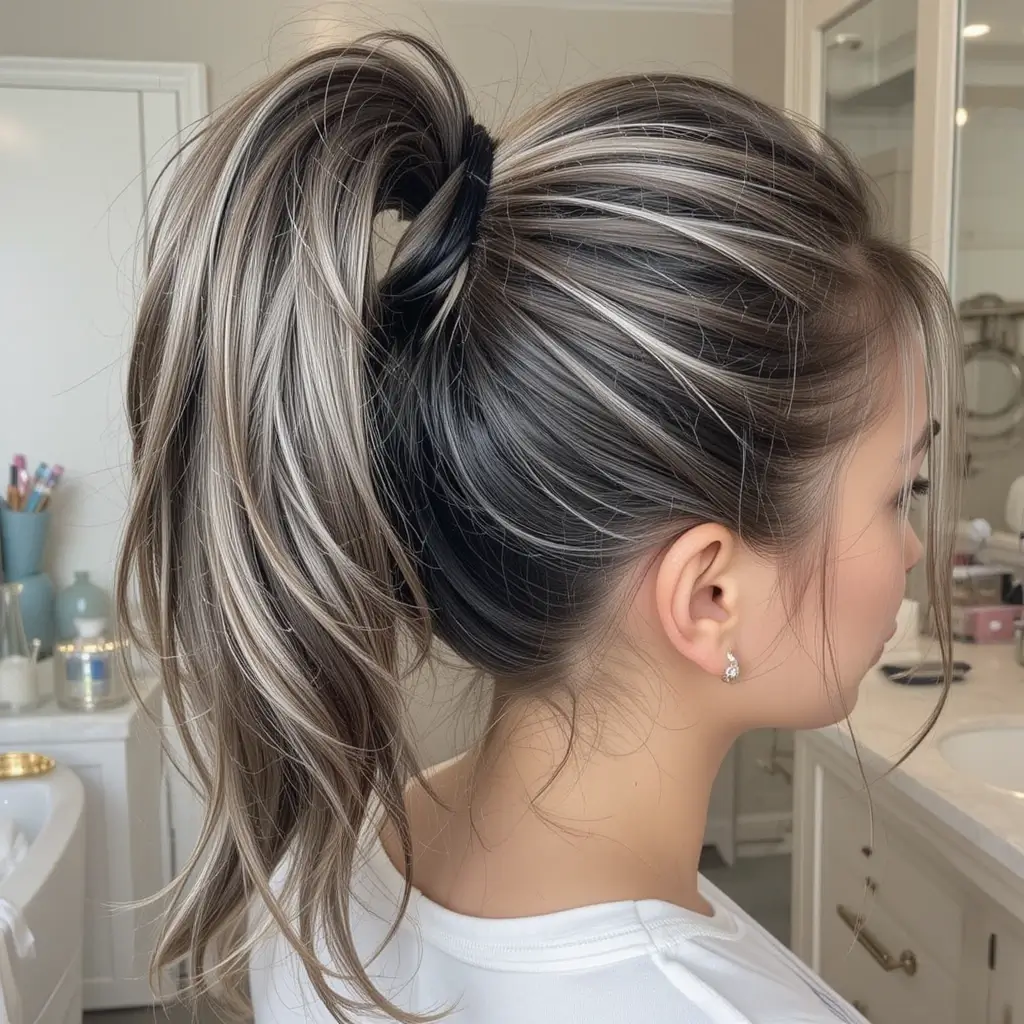 High Ponytail with Silver Streaks