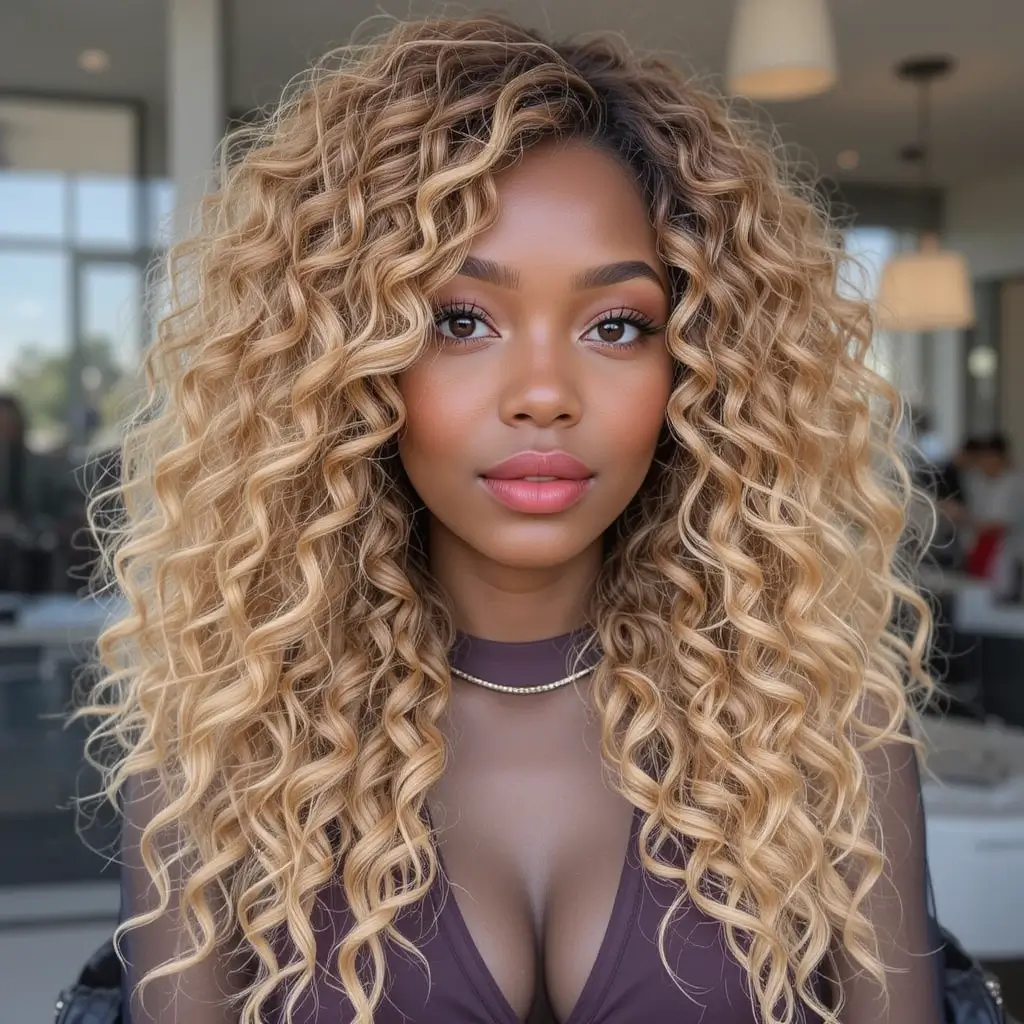1. Honey Blonde Balayage on Natural Curls