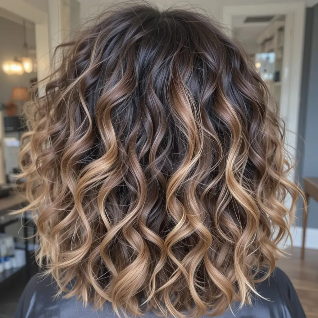 Honey Blonde Highlights on Dark Brown Curls
