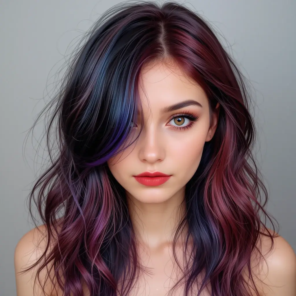 Inky Black Hair with Red and Purple Peekaboo