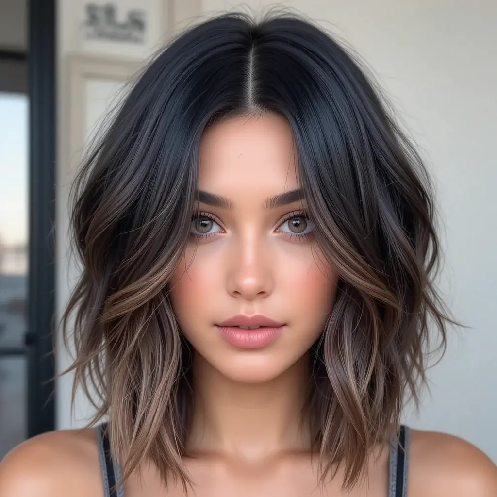 Jet Black Hair with Ash Brown Highlights
