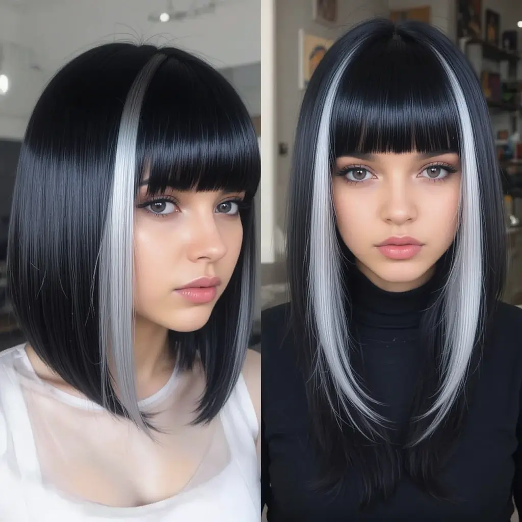 Jet Black Hair with Silver Peekaboo Panels