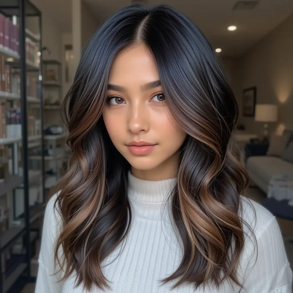 Layered Black Hair with Cocoa Brown Highlights