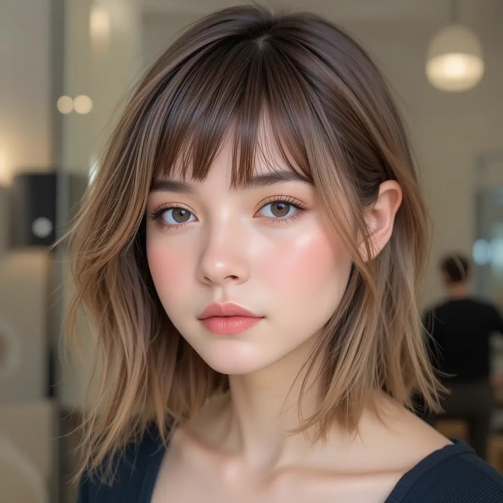 Layered Wolf Cut with Airy Curtain Bangs