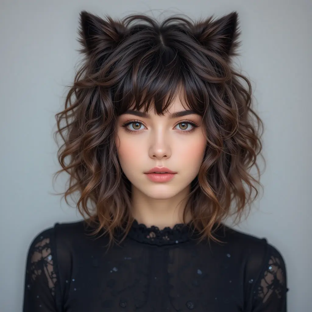 Layered Wolf Cut with Curly Fringe