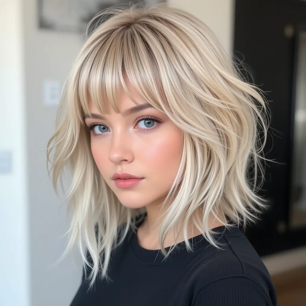 Light Blonde Wolf Cut With Fringed Bangs