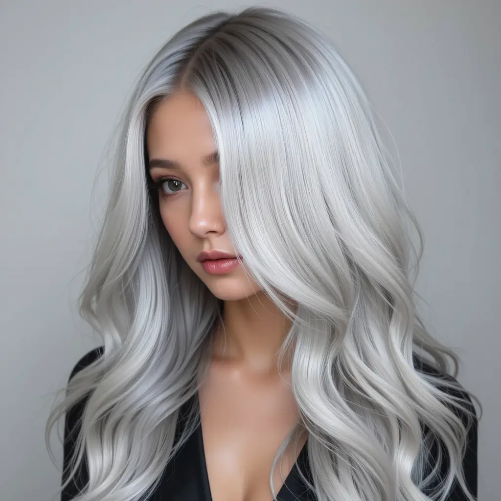 Long Layered Hair with All-Over Silver Highlights