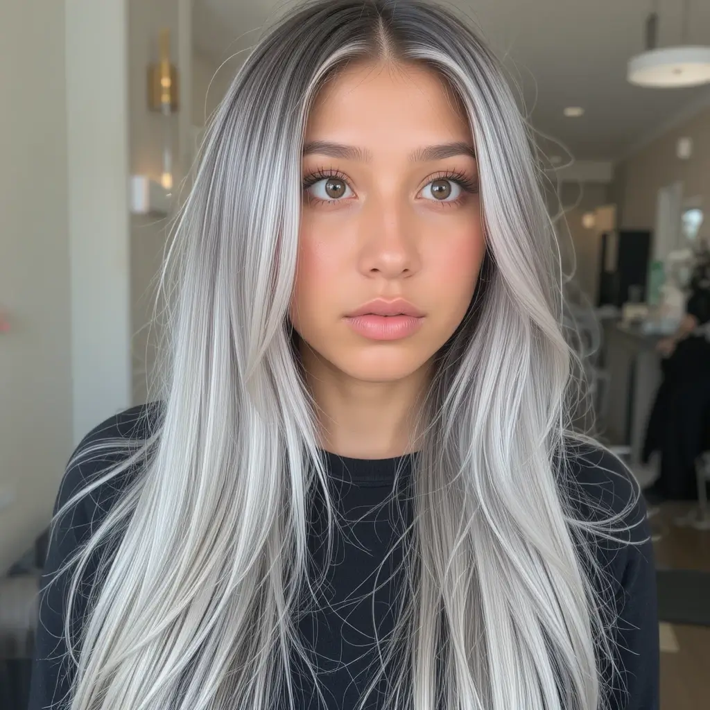 Long Straight Hair with Underlayer Silver Glow