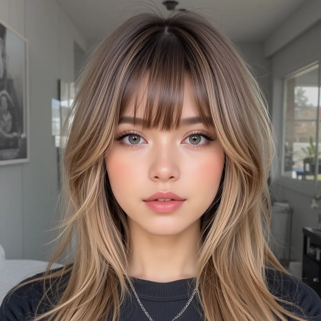 Long Straight Layers with Centered Wispy Bangs