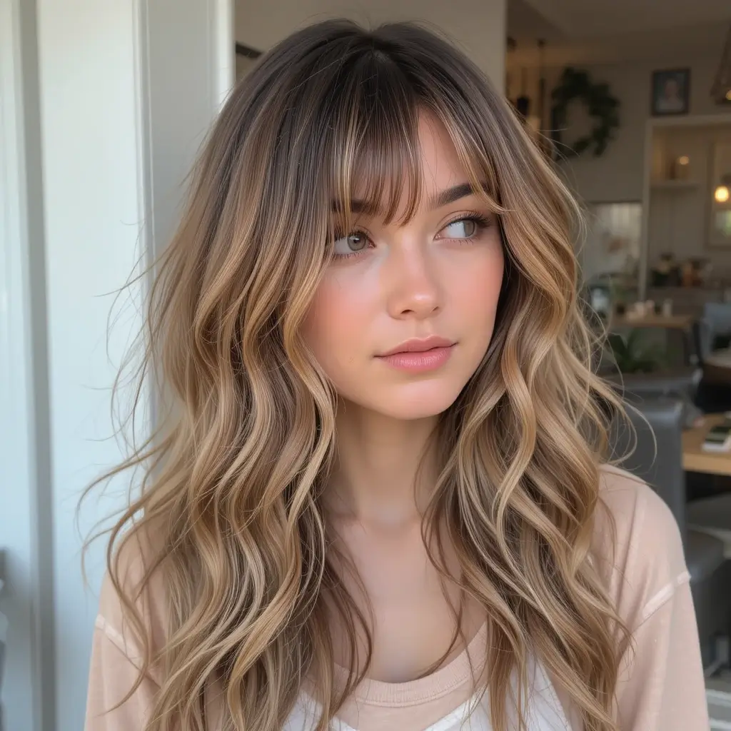 Long Wavy Hair with Face-Framing Wispy Bangs