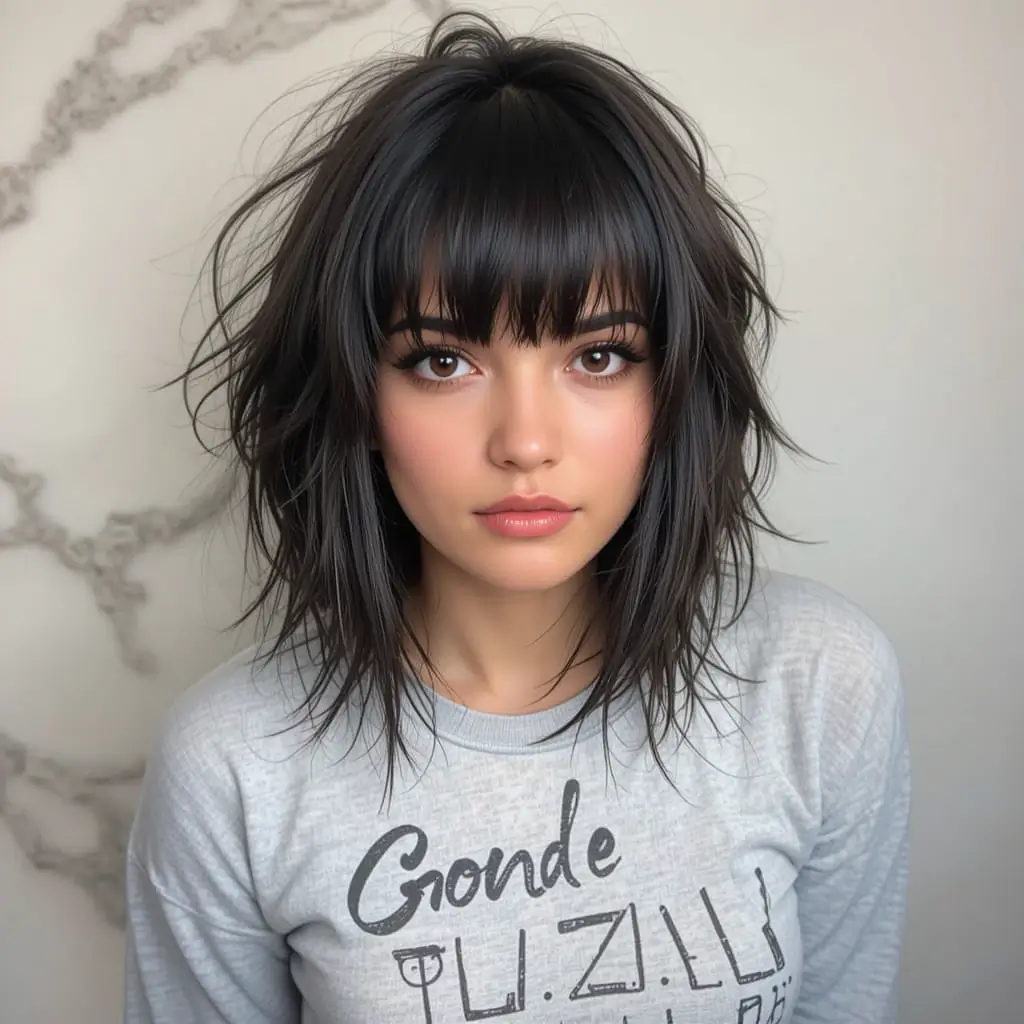 Medium-Length Shaggy Wolf Cut with Full Bangs