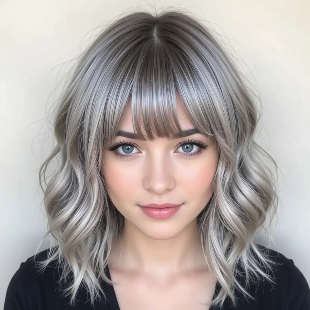 Medium-Length Waves with Silver Highlights and Curtain Bang