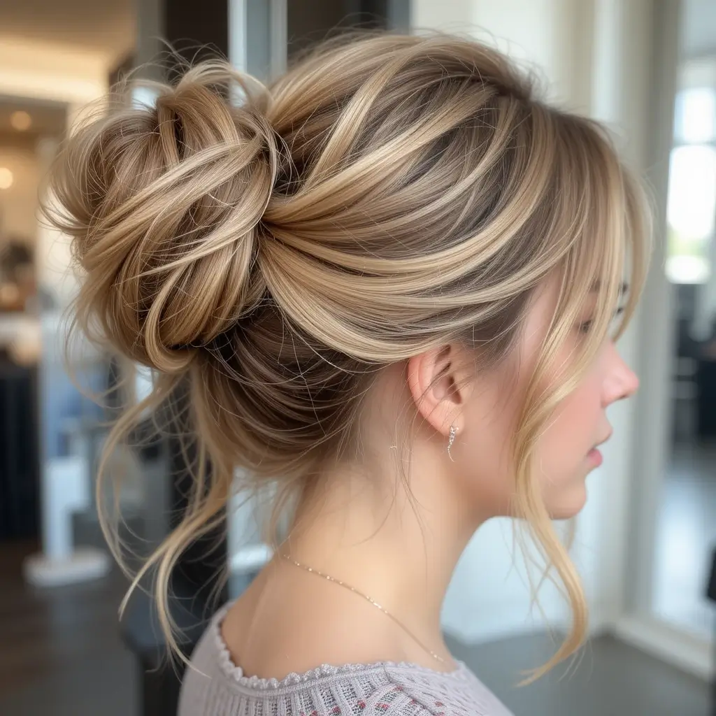Messy Bun with Highlighted Strands